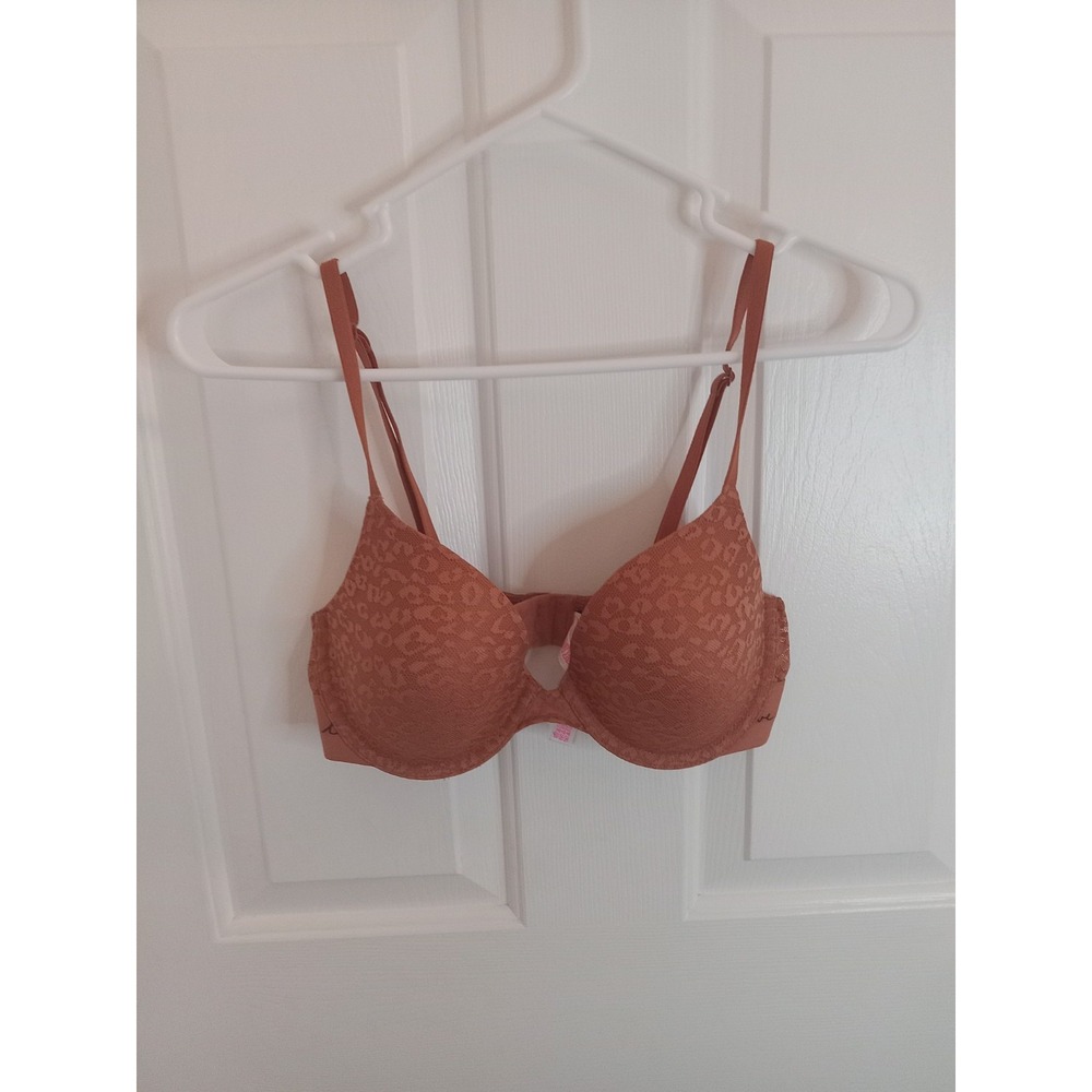 Victoria's Secret PINK Bra 34C Orange Animal Print Lace T-shirt Lightly Lined‎